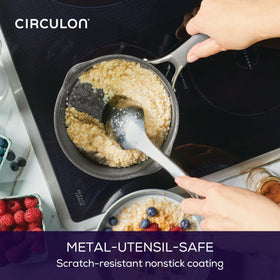 Circulon A1 ScratchDefense interior nonstick coating reduces sticking during cooking.
