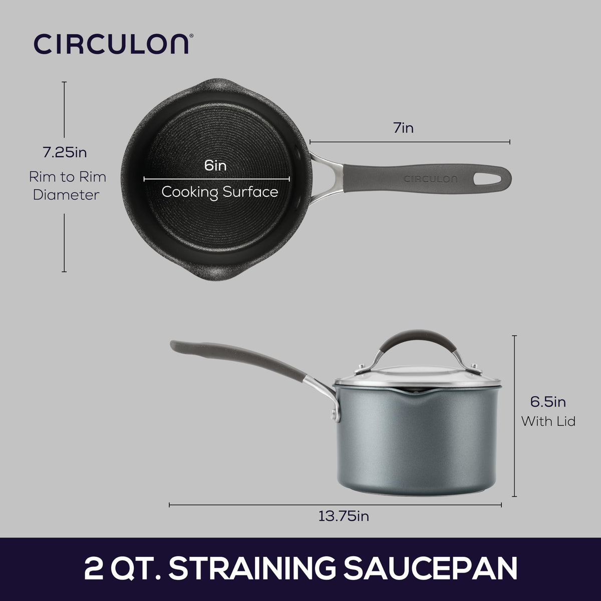 Circulon A1 ScratchDefense 2qt saucepan straining lid enables easy draining.