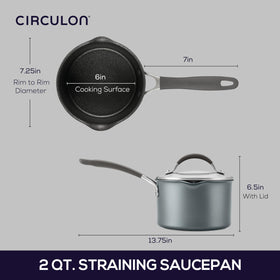 Circulon A1 ScratchDefense 2qt saucepan straining lid enables easy draining.