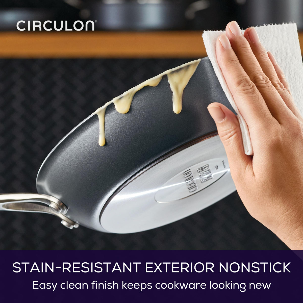 Oven-safe up to 400 F Circulon A1 ScratchDefense pan in use