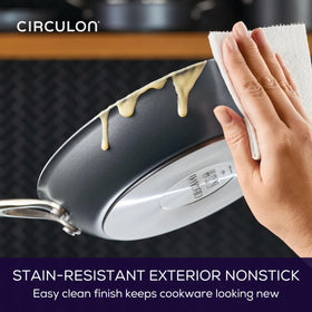 Oven-safe up to 400 F Circulon A1 ScratchDefense pan in use