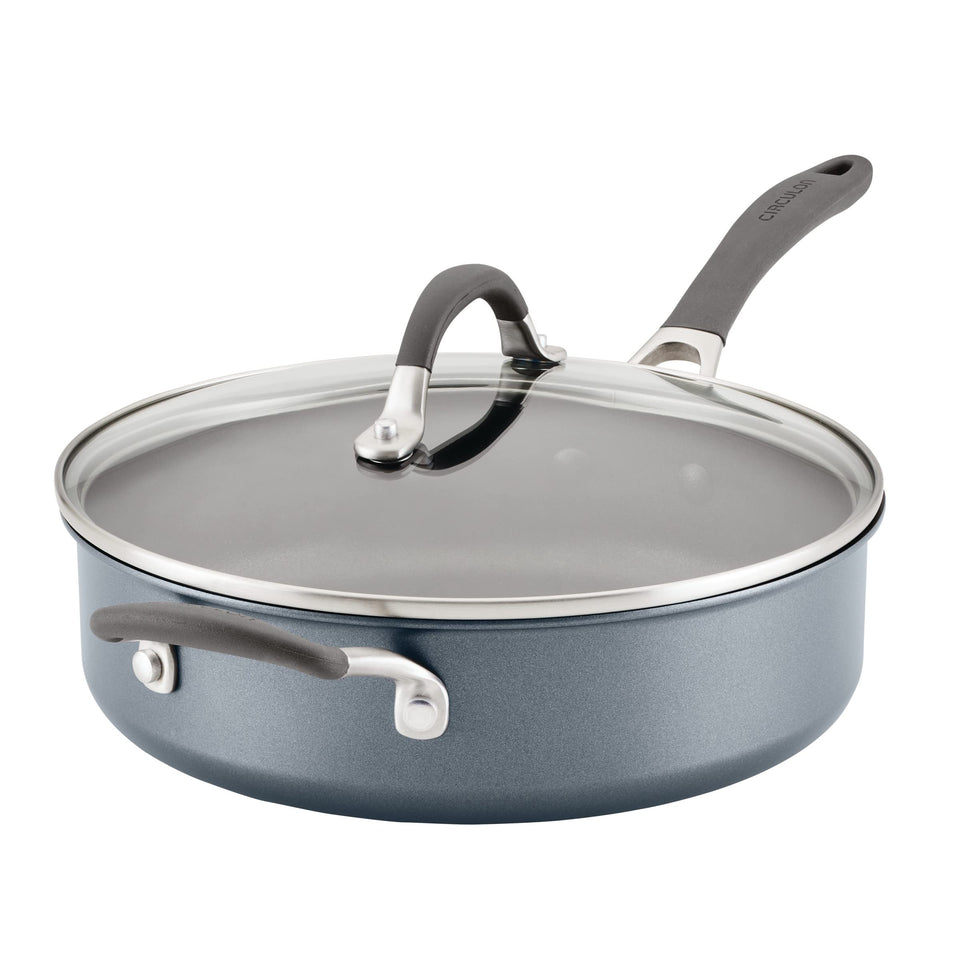 Circulon A1 ScratchDefense 5-quart saute pan with lid, clear lid view for precise cooking.