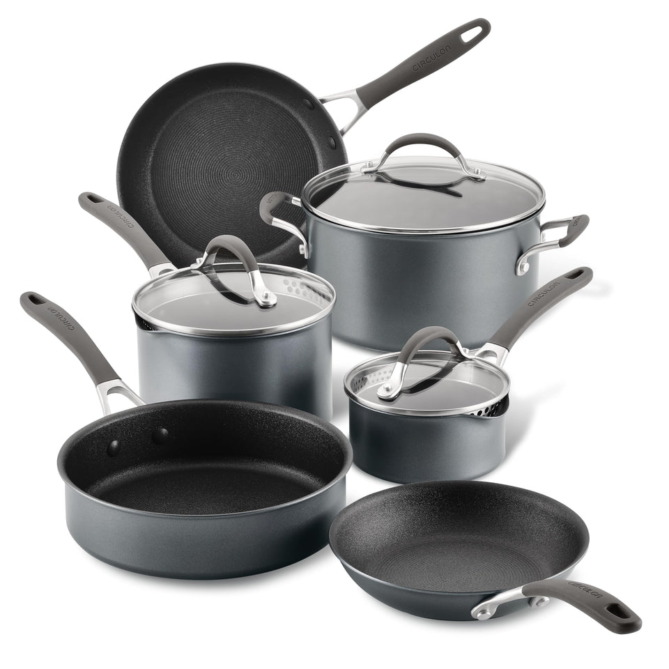 Circulon A1 ScratchDefense set top view shows complete induction cookware collection for versatile home cooking.