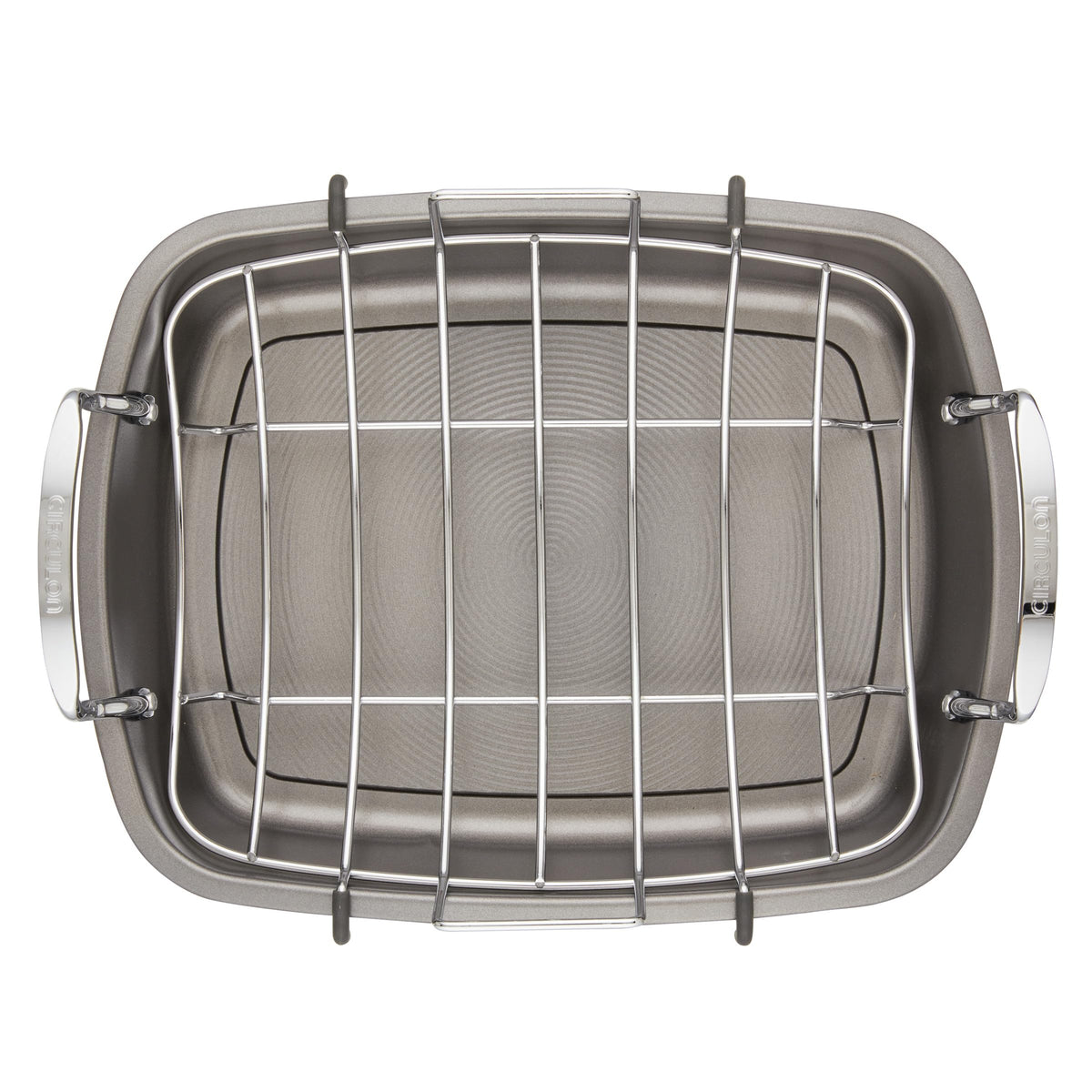 Circulon gray bakeware roaster with rack complements busy kitchen workflows.