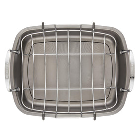 Circulon gray bakeware roaster with rack complements busy kitchen workflows.