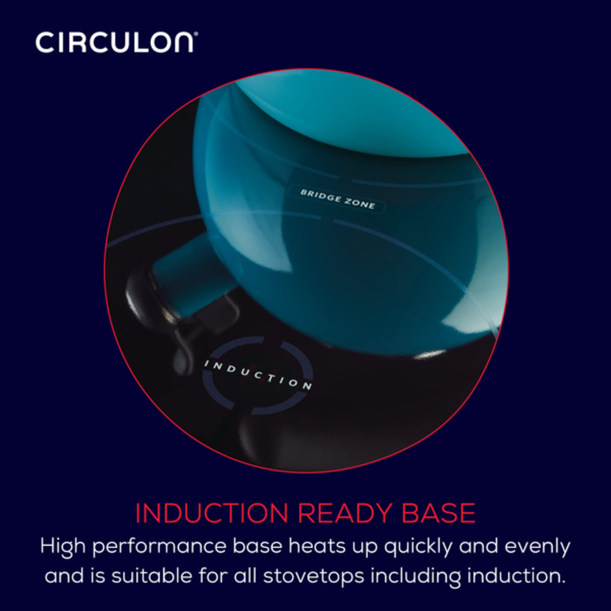 Circulon induction-base kettle heats efficiently on compatible stovetops.