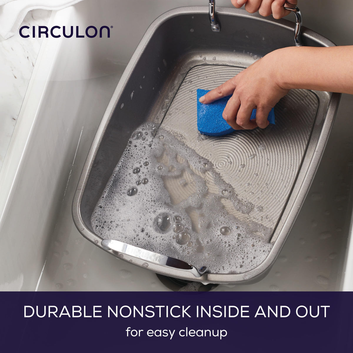 Circulon nonstick oven roaster enables easy release and quick cleanup after cooking.