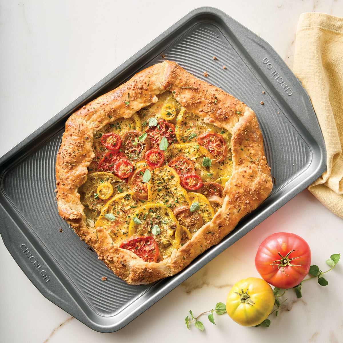 Circulon bakeware is oven safe up to 450 degrees Fahrenheit for versatility.