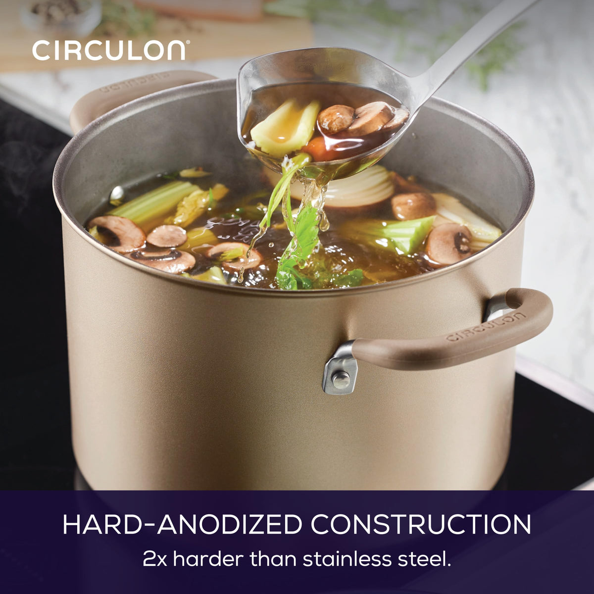 Dishwasher-safe Circulon Premier Professional cookware for quick cleanup after meals.