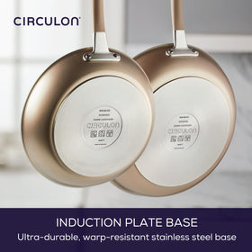 Double-riveted handles with silicone grips on Circulon Premier Professional provide secure control.