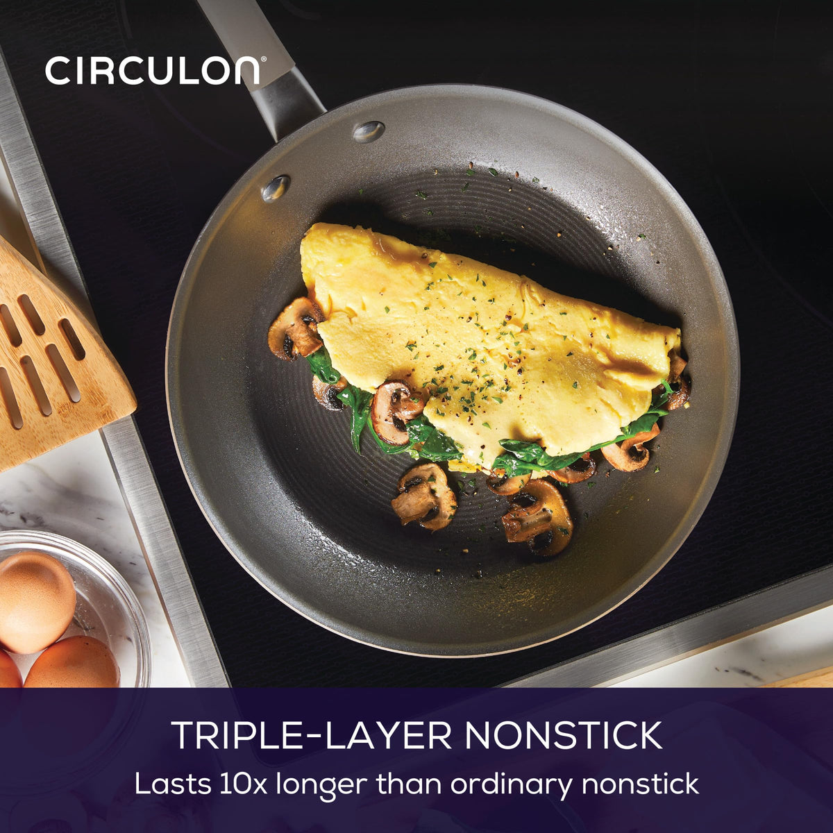 High-low circles enhance Circulon Premier Professional nonstick for longevity.