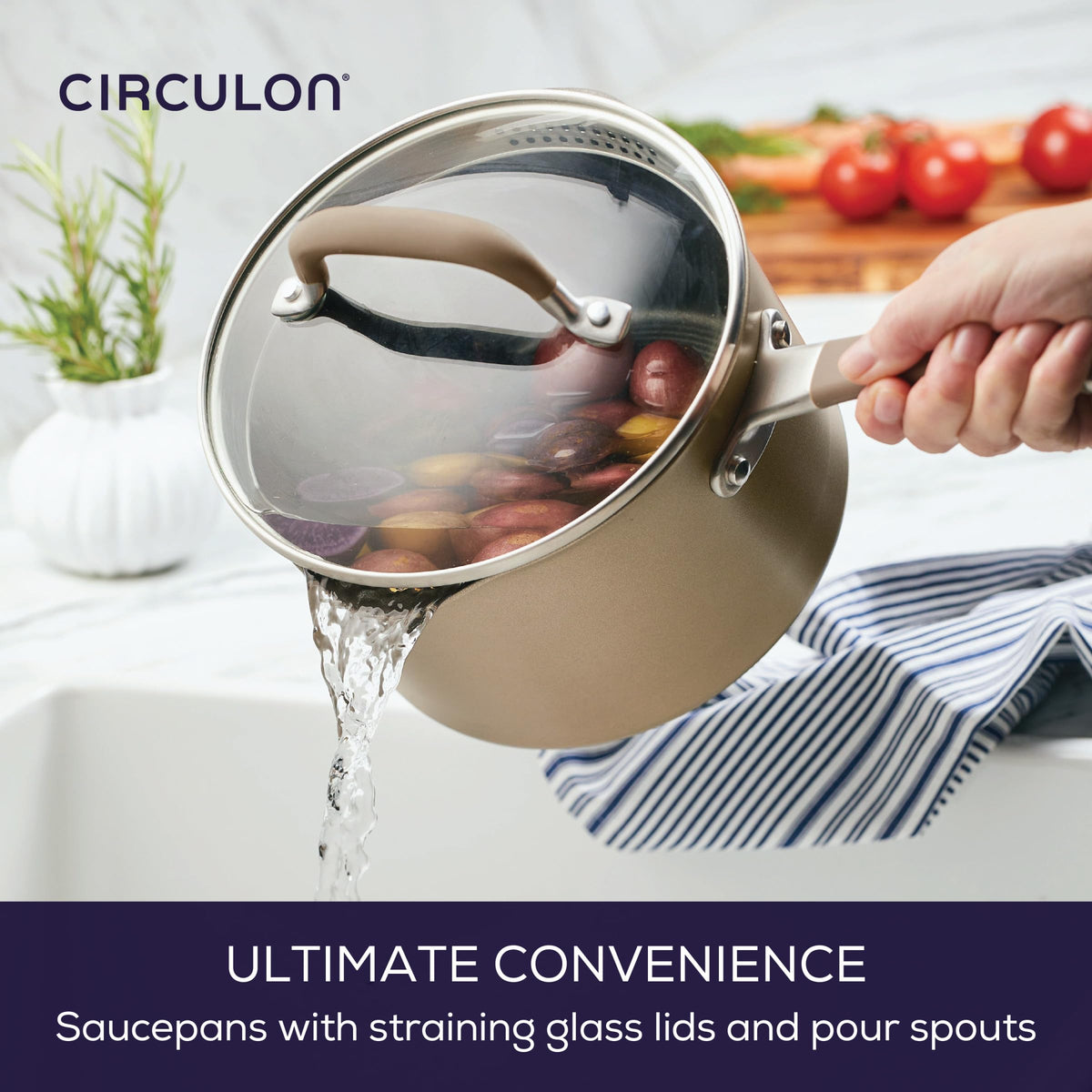 Oven-safe Circulon Premier Professional pans up to 400 degrees for stovetop-to-oven versatility.