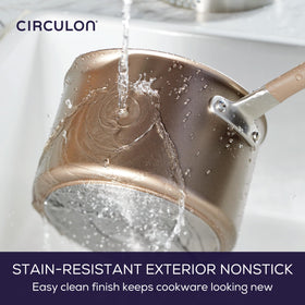Stainless steel base of Circulon Premier Professional supports heat retention on induction ranges.