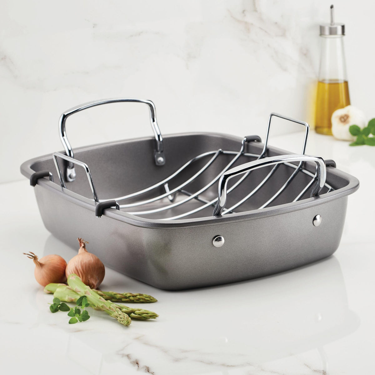 Circulon prime rib and turkey roaster helps manage juicy, evenly browned meals.