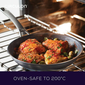 Circulon Radiance double-riveted handles with silicone grip offer comfort.