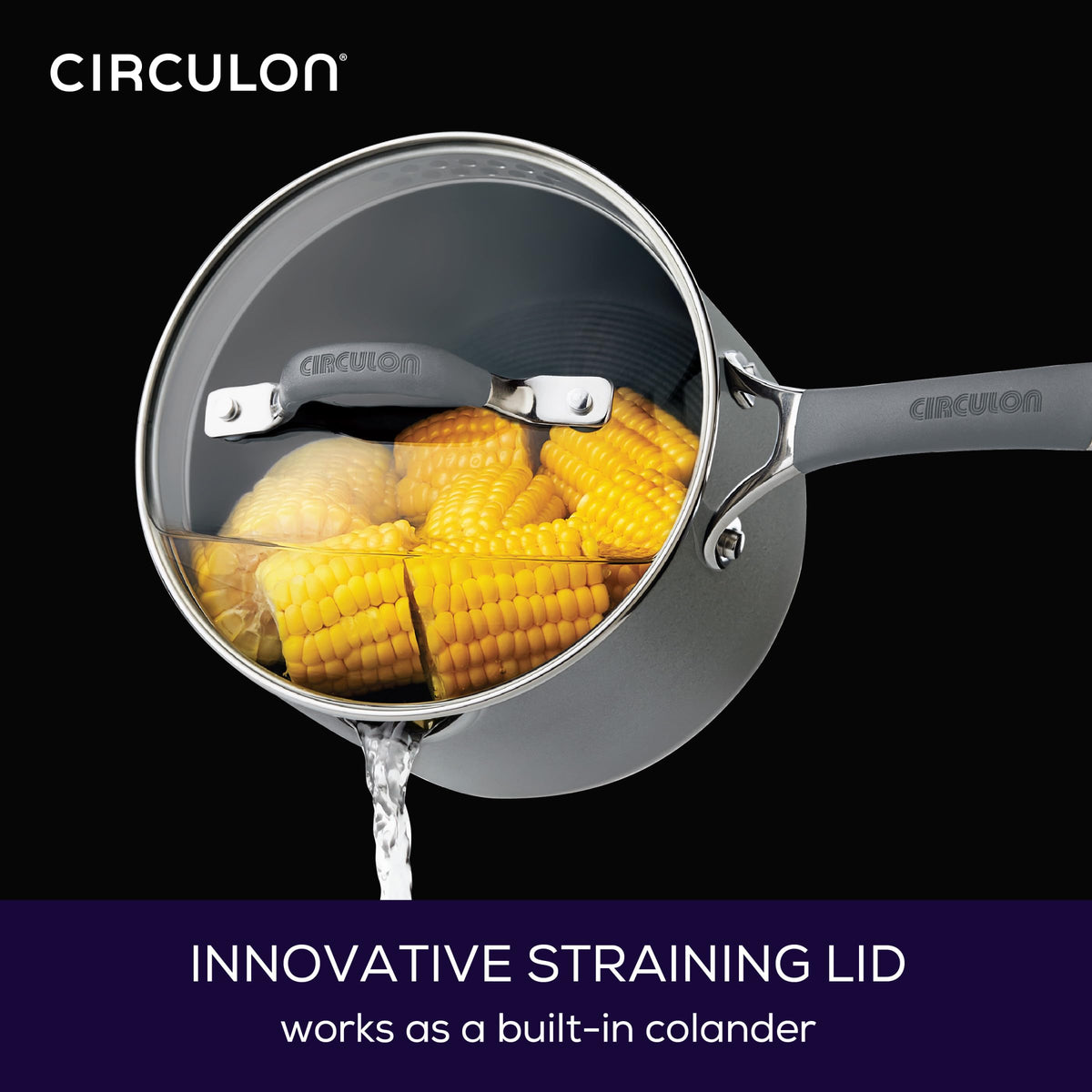 Circulon Radiance glass lid with built-in strainer for draining