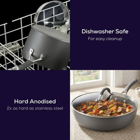 Shatter-resistant glass lid helps monitor cooking while retaining heat