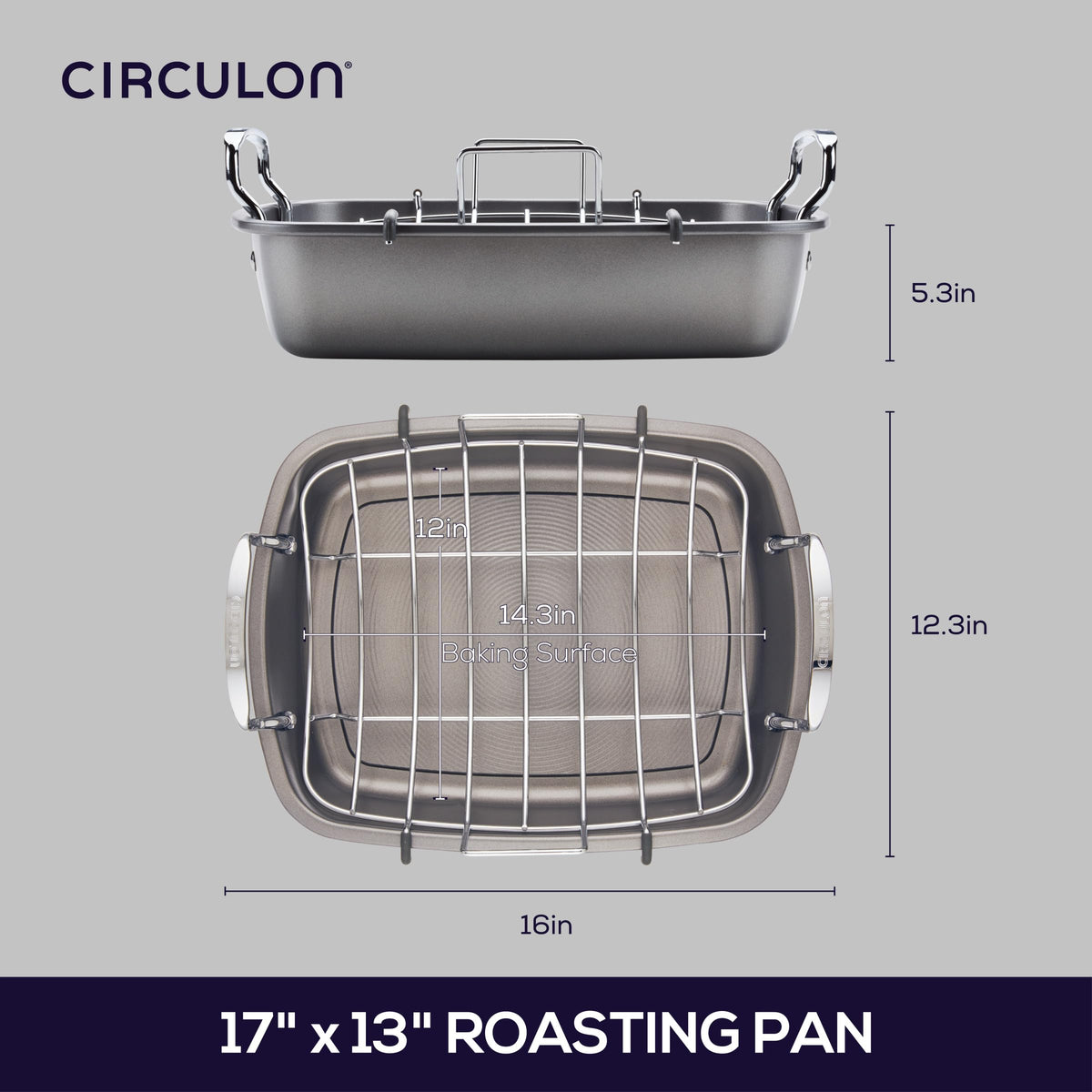 Circulon roaster rack with U-shaped design keeps meat raised for even browning.
