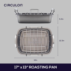 Circulon roaster rack with U-shaped design keeps meat raised for even browning.