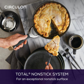 Circulon Symmetry frypan oven-safe up to 400°F for versatile cooking.