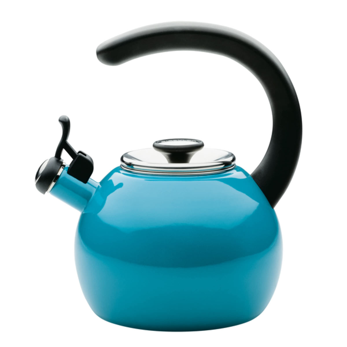 Circulon enamel-on-steel tea kettle turquoise 2qt ready to boil water quickly on induction.