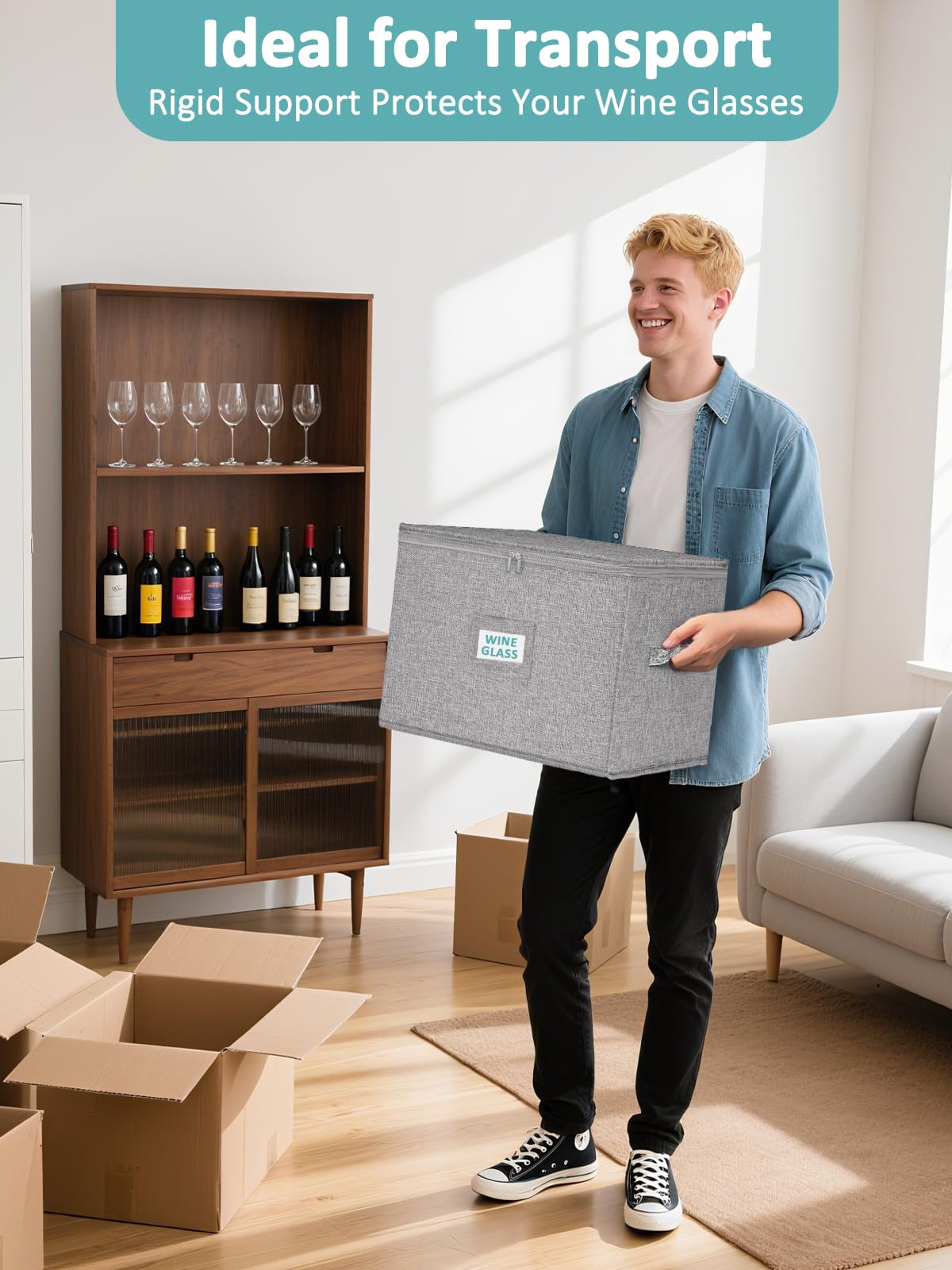 Cirhy wine glass box durable handles make carrying heavy sets easy.