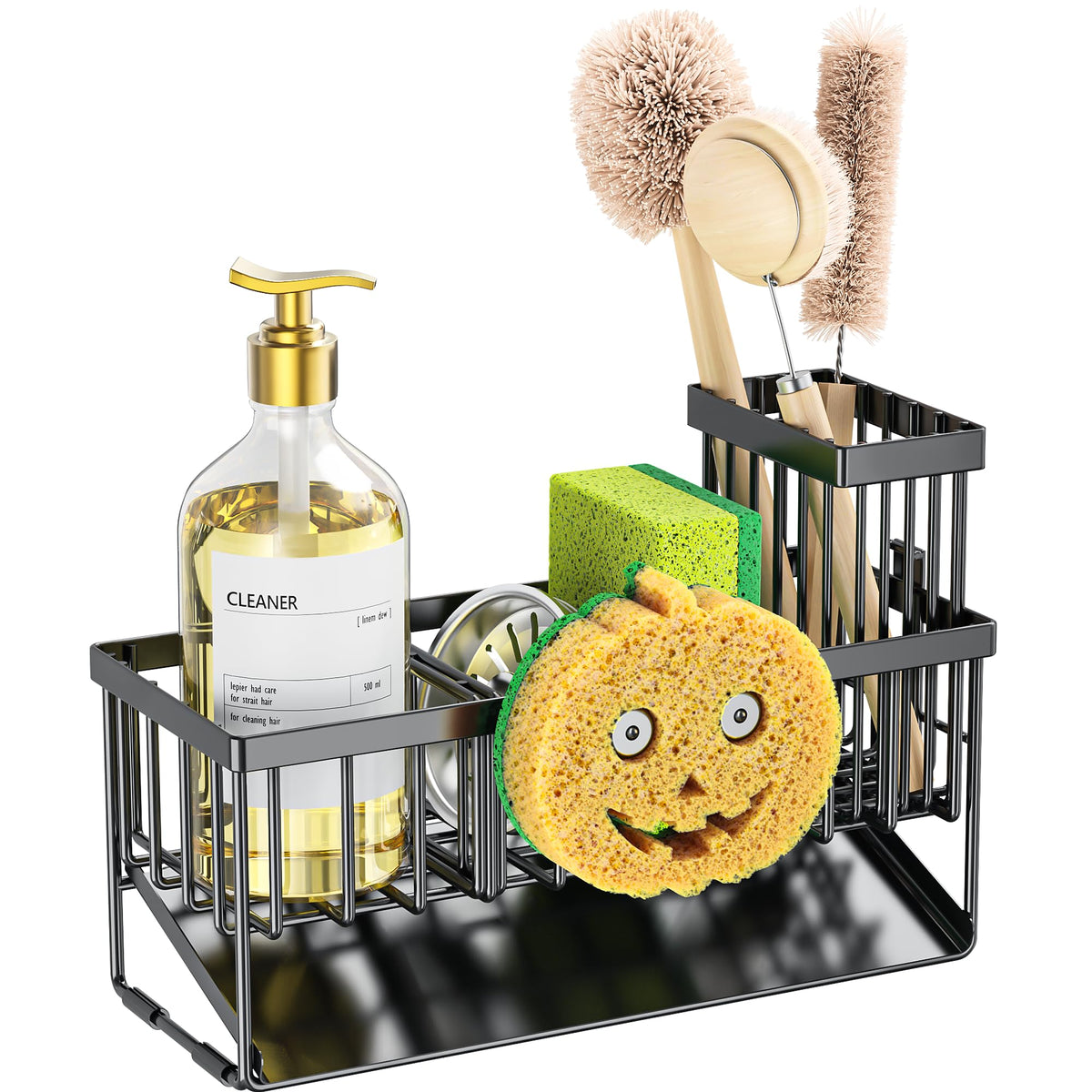 Cisily black sink organizer with smiley face adds playful style and function.