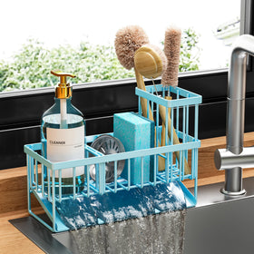 Cisily blue sink caddy with high brush holder keeps brushes dry and organized