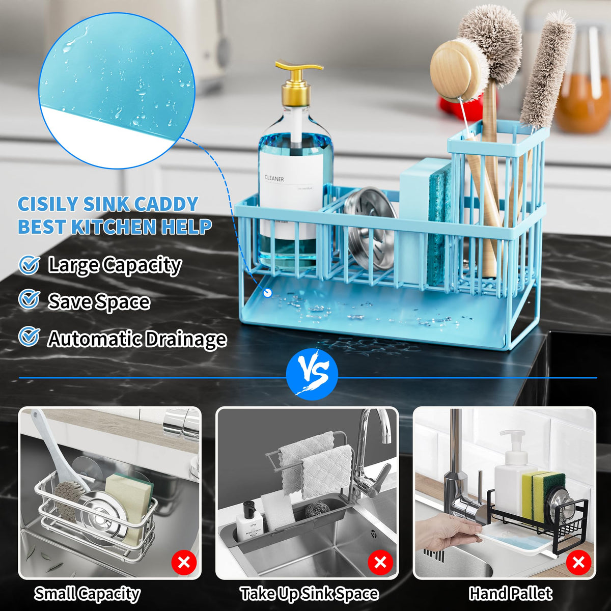 Cisily blue soap dispenser organizer blends function with style on the counter