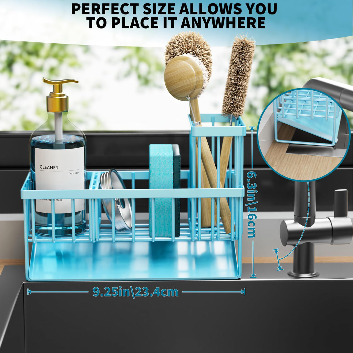 Cisily blue sponge holder for sink promotes quick drying and counter cleanliness