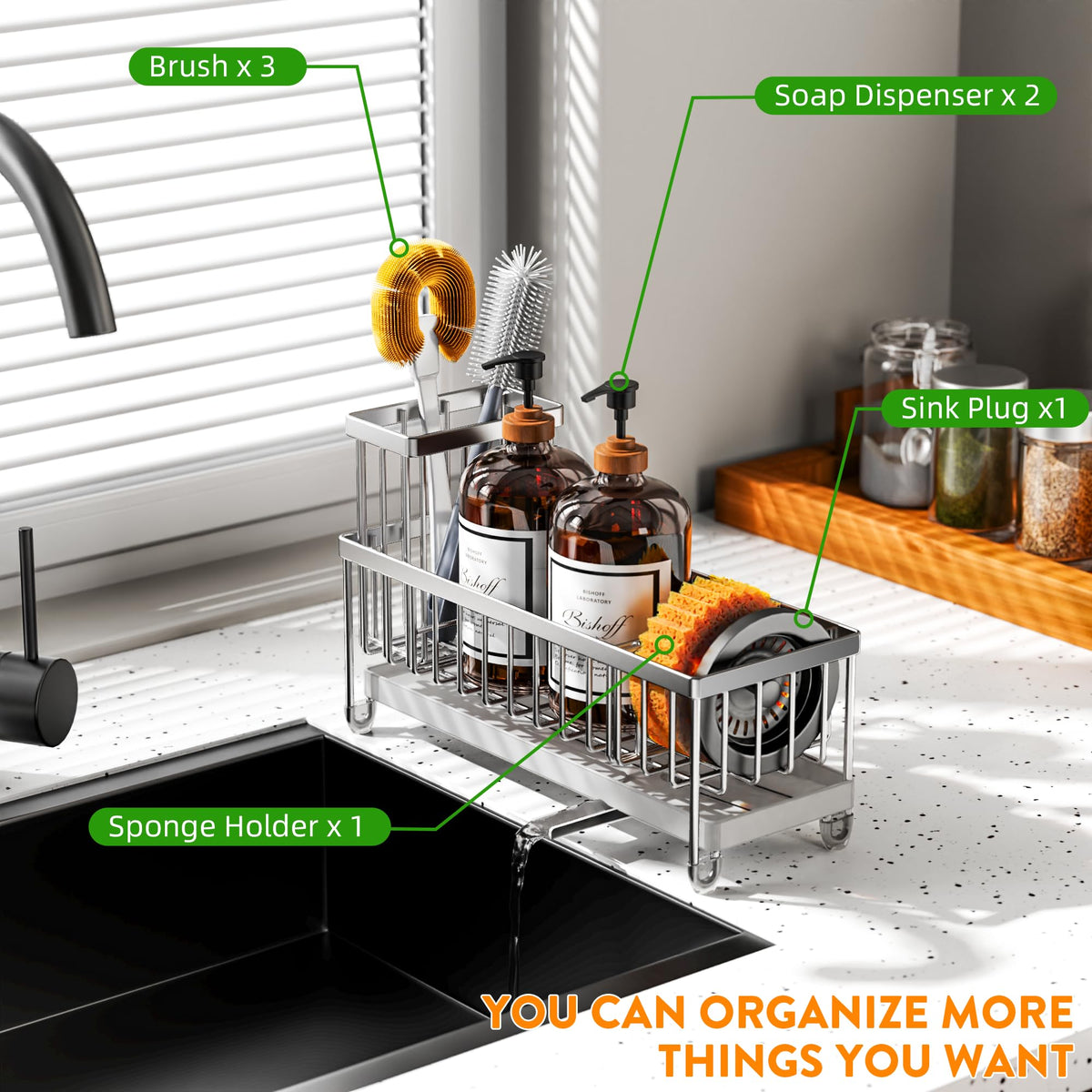 Cisily countertop organizer saves space while keeping essentials organized.