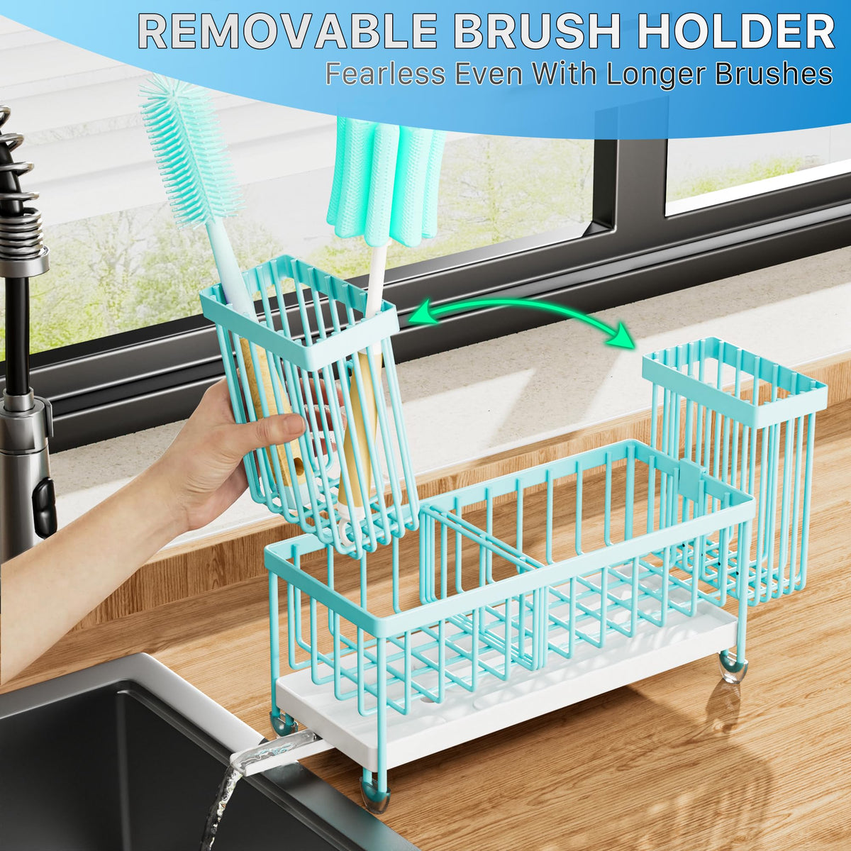 Cisily three-compartment divider neatly separates sponge, bottle, and brushes.