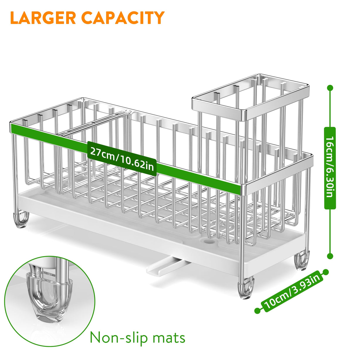 Cisily divider creates three storage zones for sponge, bottle, and stopper.