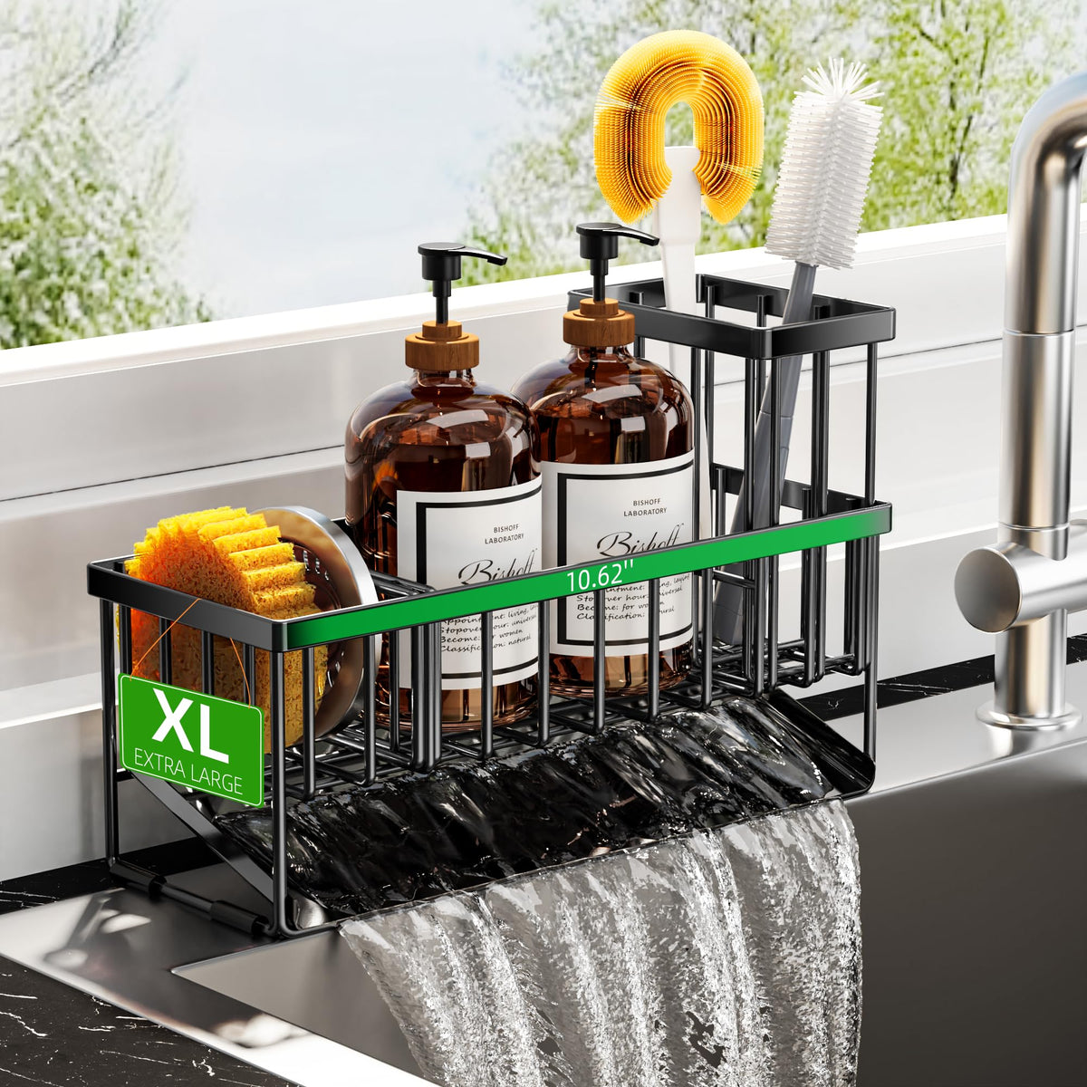 Cisily extra-large sink caddy with brush holder keeps sponges organized.