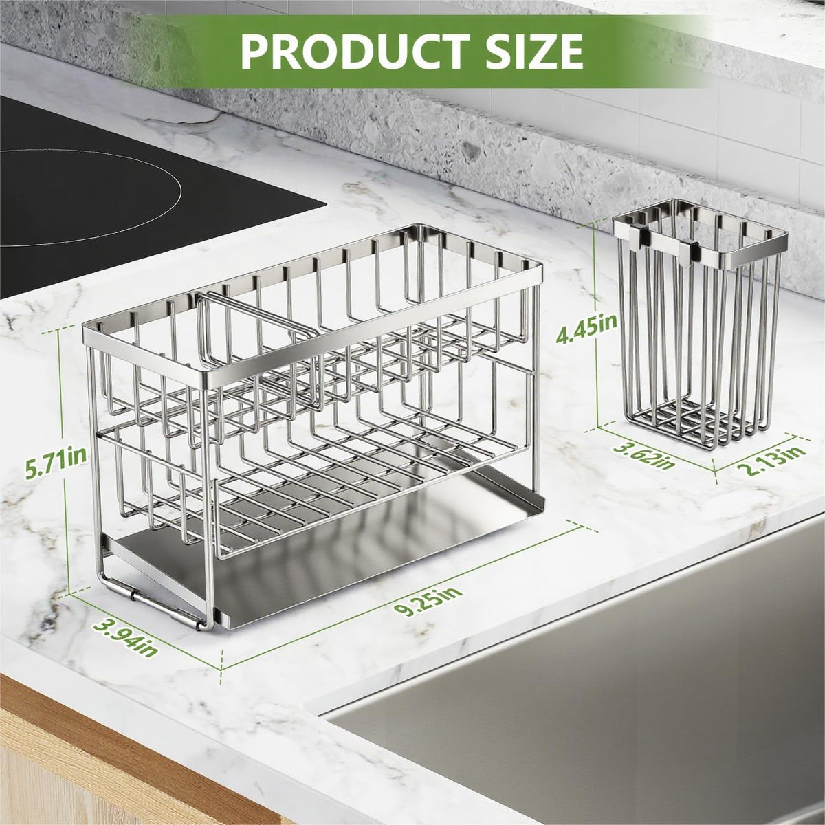 Cisily four-compartment layout keeps sponge, soap, scrubber, and stopper neatly organized.