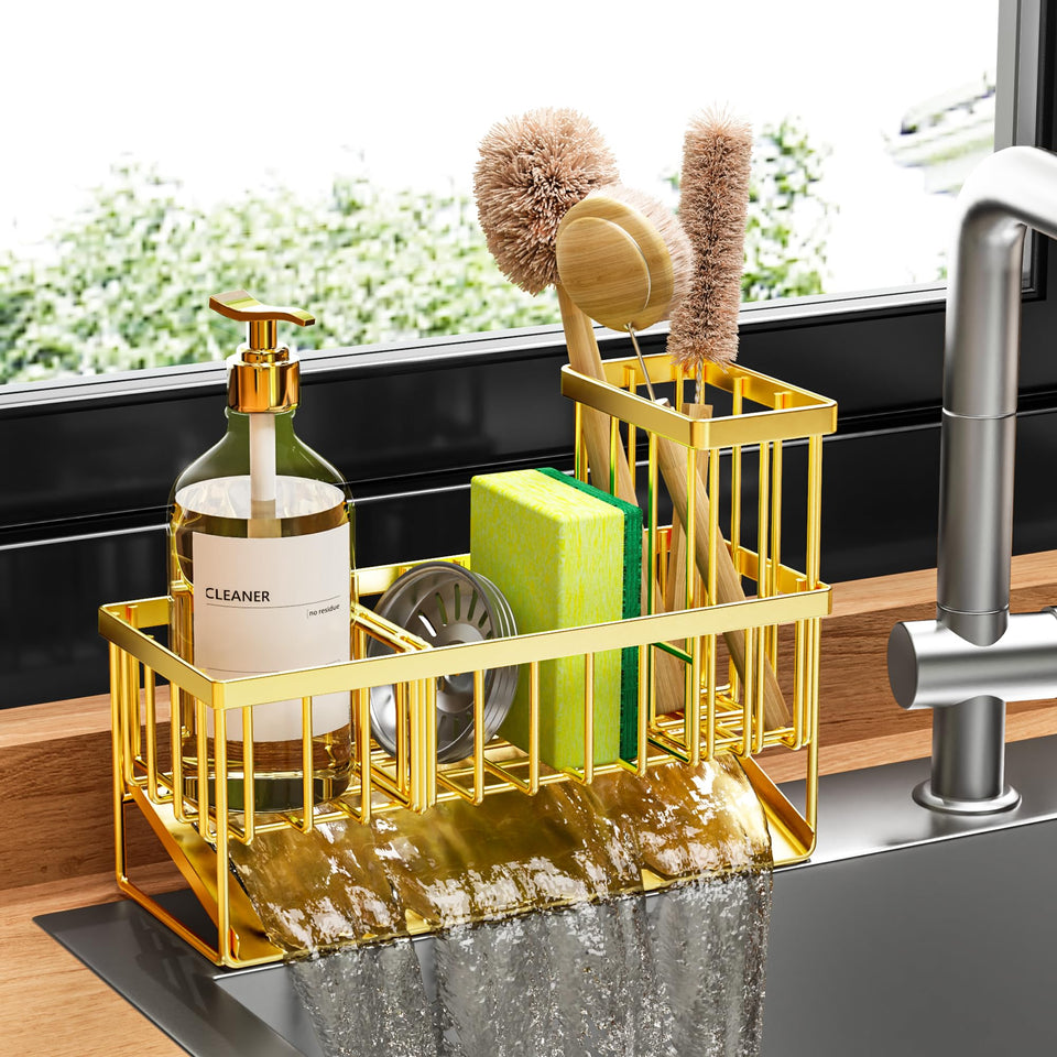 Cisily Gold kitchen sink caddy on countertop showing organized storage and rustproof finish
