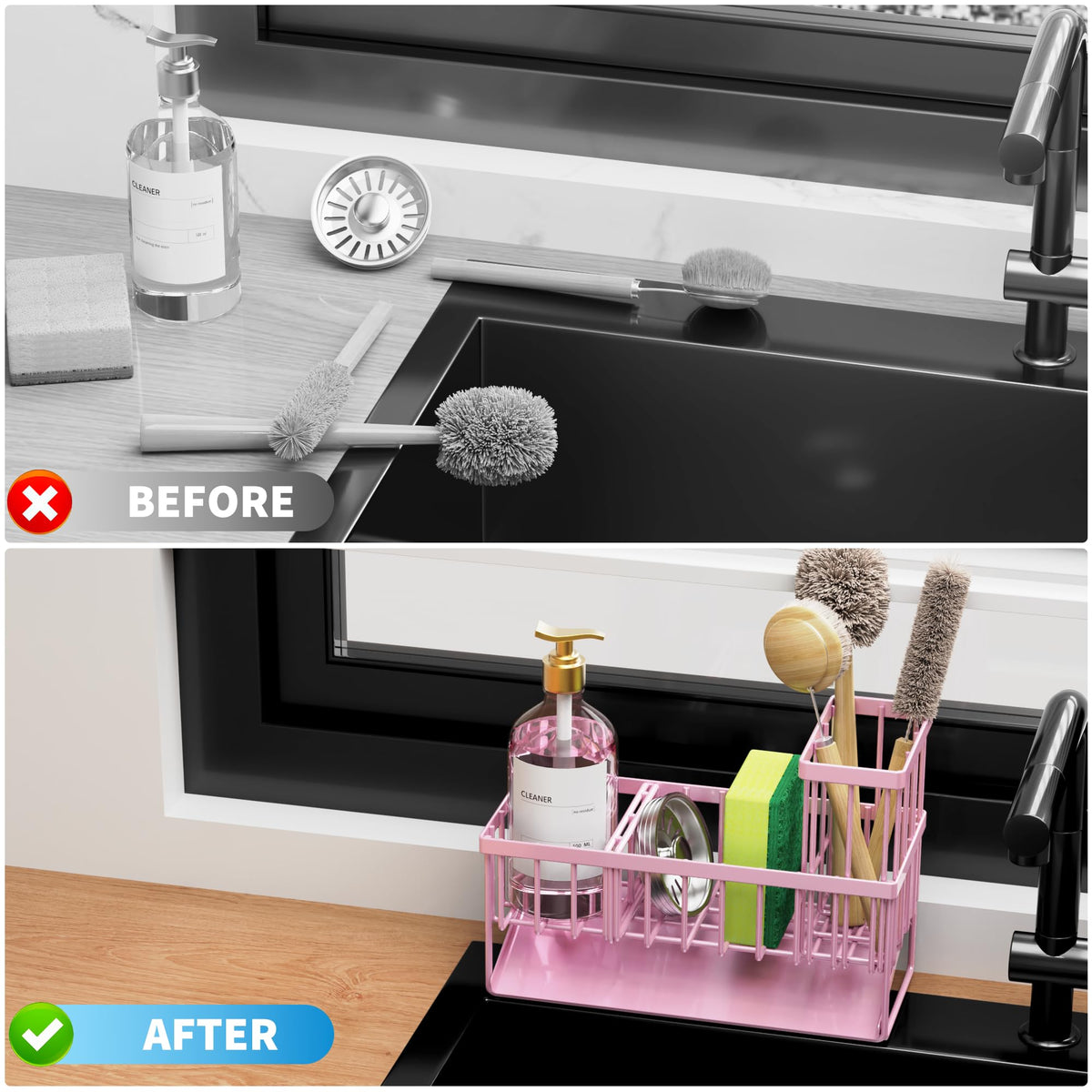 Cisily high-visibility organization for brushes and sponges near sinks.