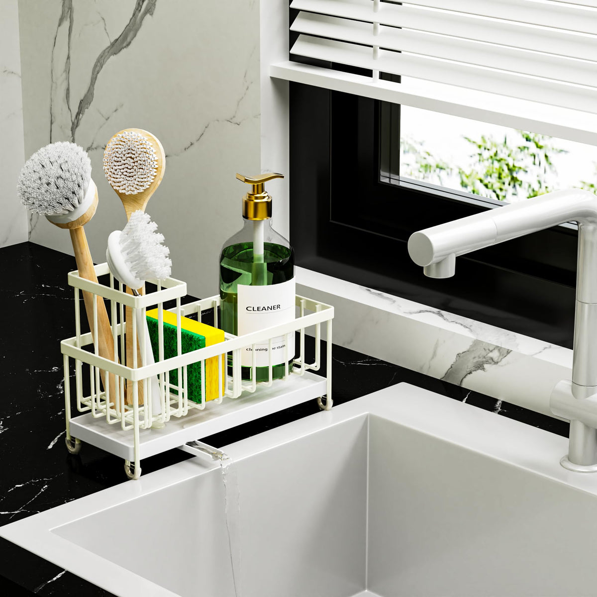 Cisily kitchen countertop organizer holds detergent, sponge, and stopper in reach