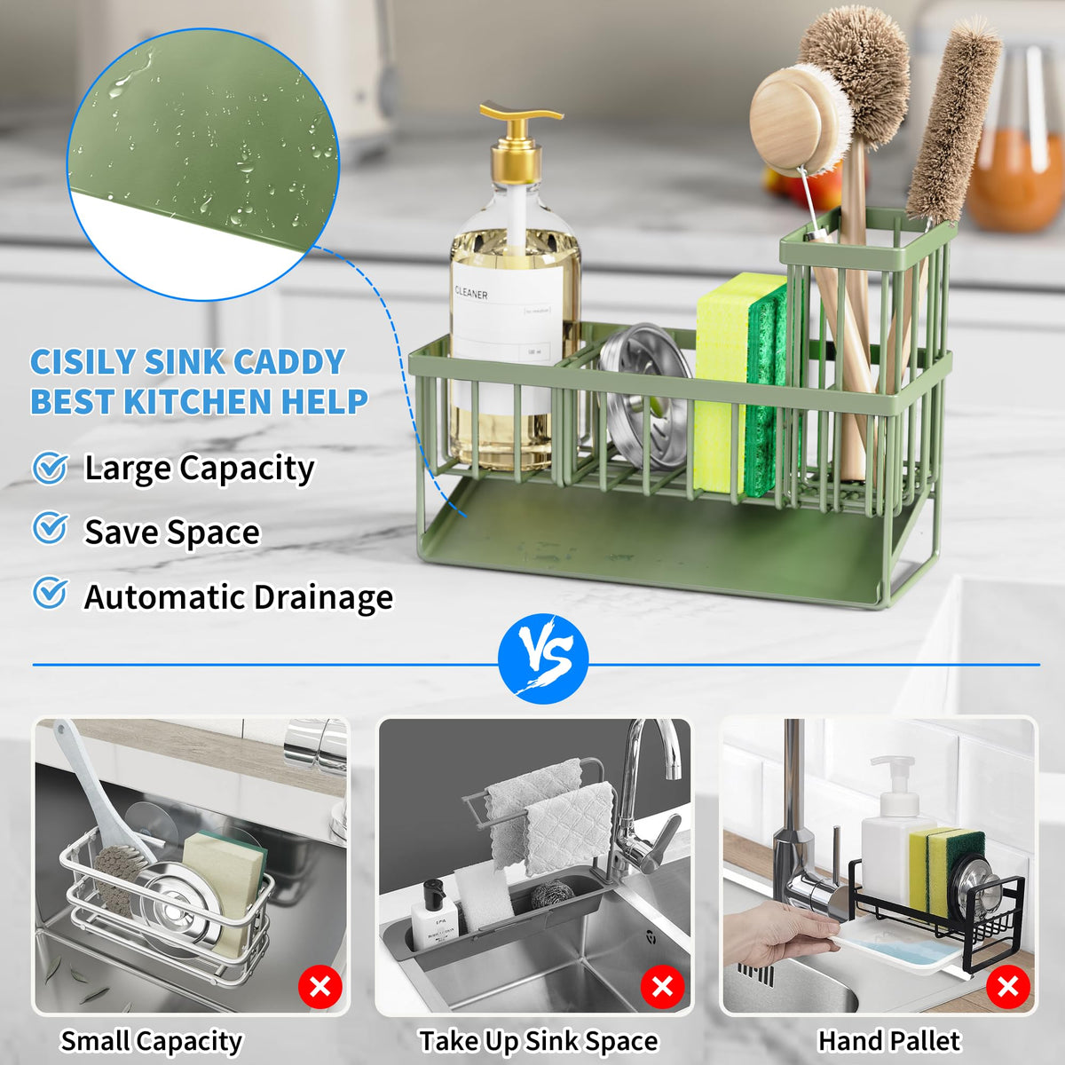 Cisily sink caddy with brush holder for easy utensil access.