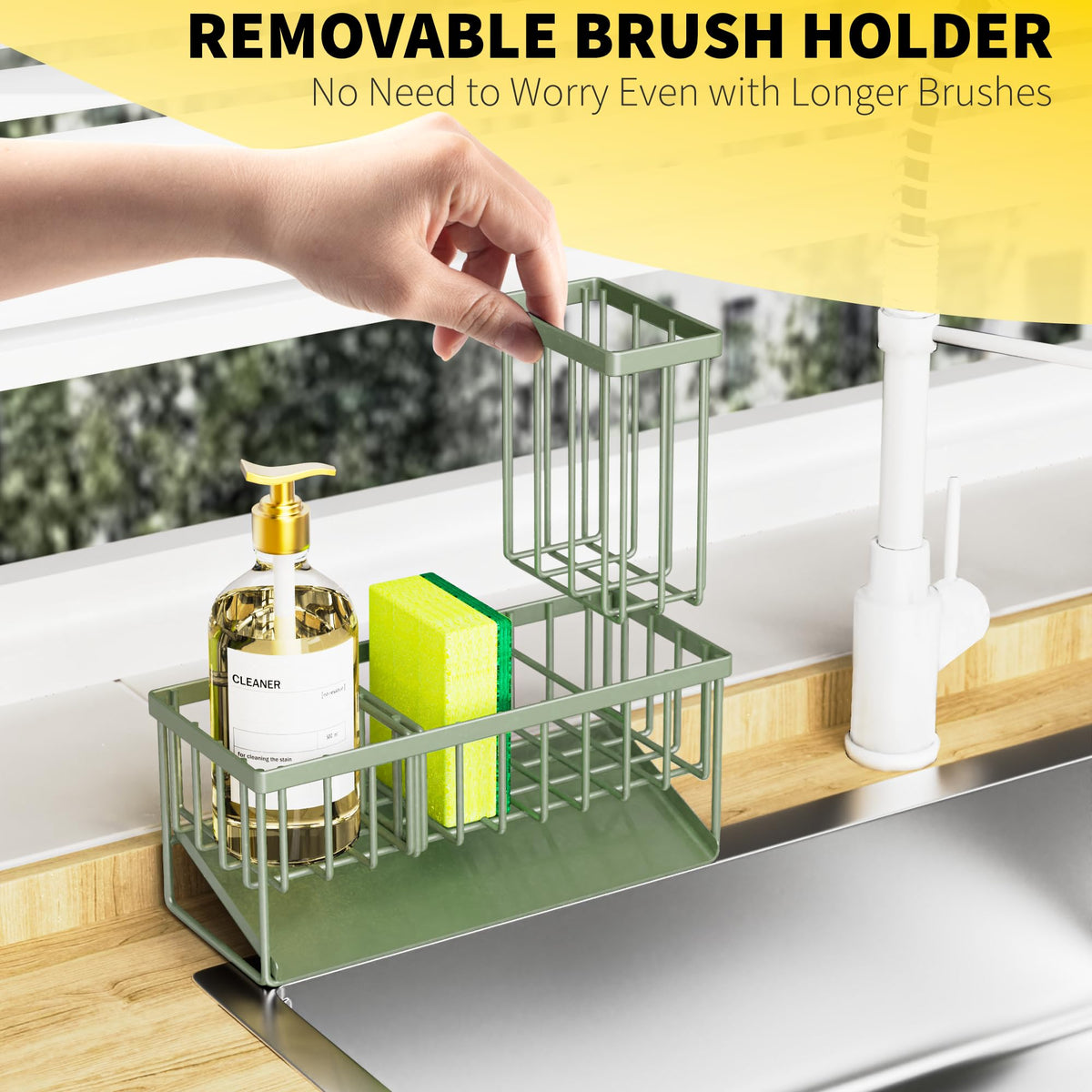 Ergonomic divider design separates sponge, bottle, and tools.