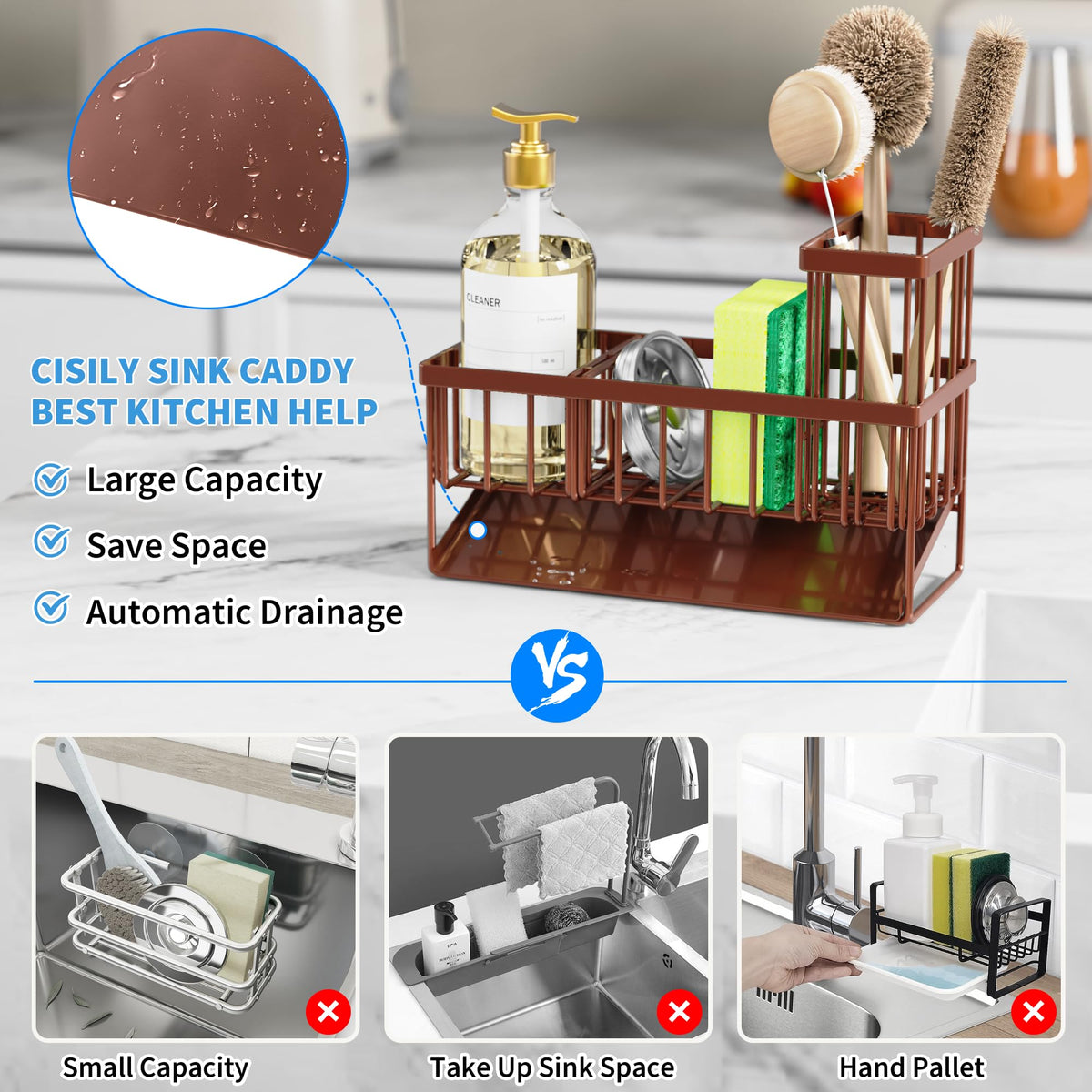 Cisily sink caddy with drainage system promotes quick drying after use.