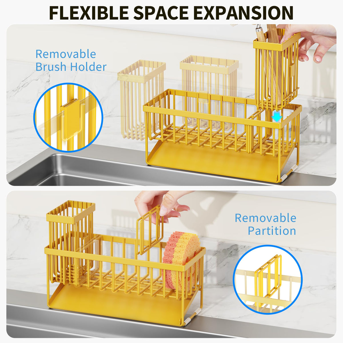 Cisily lemon yellow sink caddy brush holder focus highlights space-saving organization.