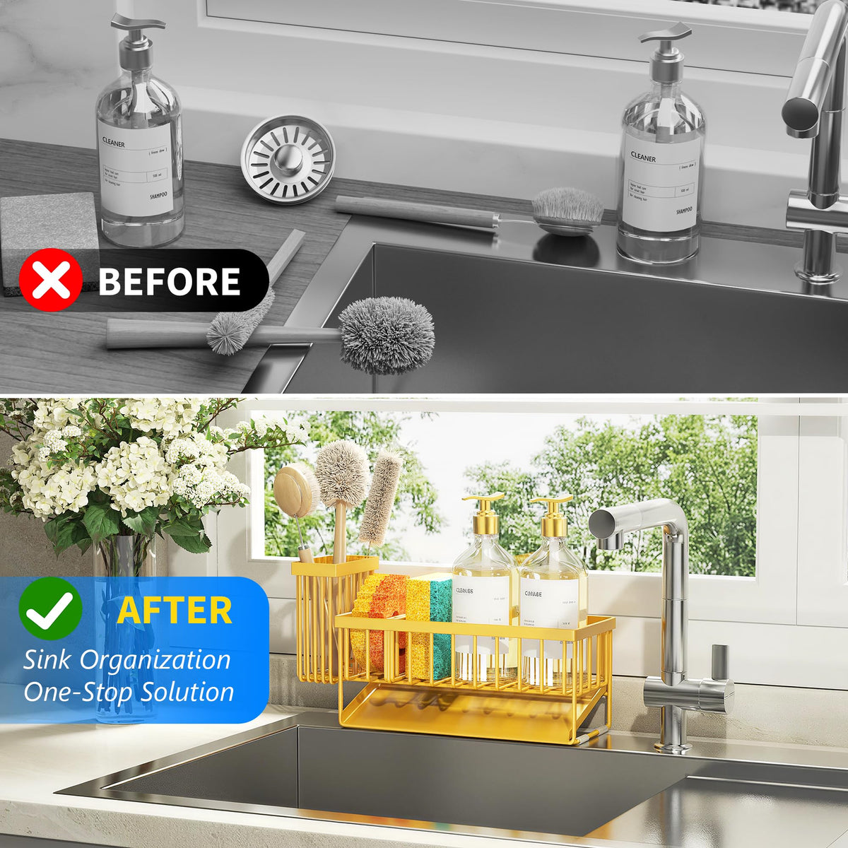 Cisily lemon yellow sink caddy divider layout demonstrating three separate storage zones.