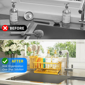 Cisily lemon yellow sink caddy divider layout demonstrating three separate storage zones.