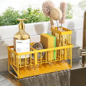 Cisily lemon yellow sink caddy front view showing compact sponge organization and dry storage.