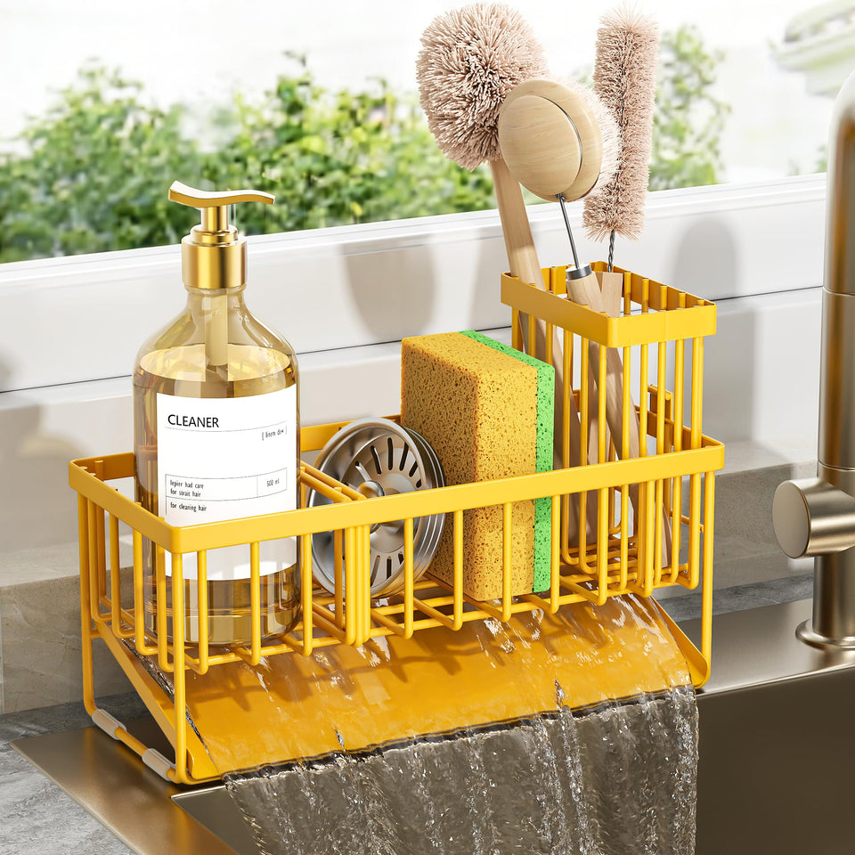 Cisily lemon yellow sink caddy front view showing compact sponge organization and dry storage.