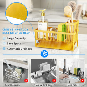 Cisily lemon yellow sink caddy sponge and brush compartments showcase tidy countertop setup.