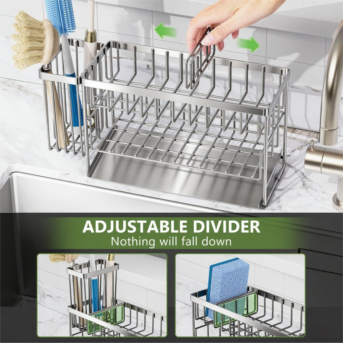 Cisily 2-tier sink caddy complements modern countertops with sleek stainless steel.