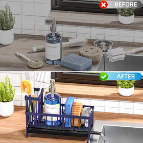 Cisily navy blue kitchen organizer on counter adds color while reducing clutter.