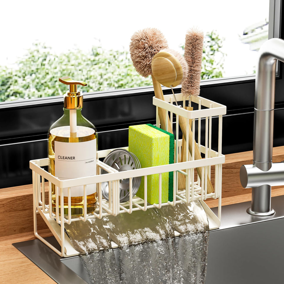 Cisily off white sponge holder on sink keeps sponges dry and accessible.